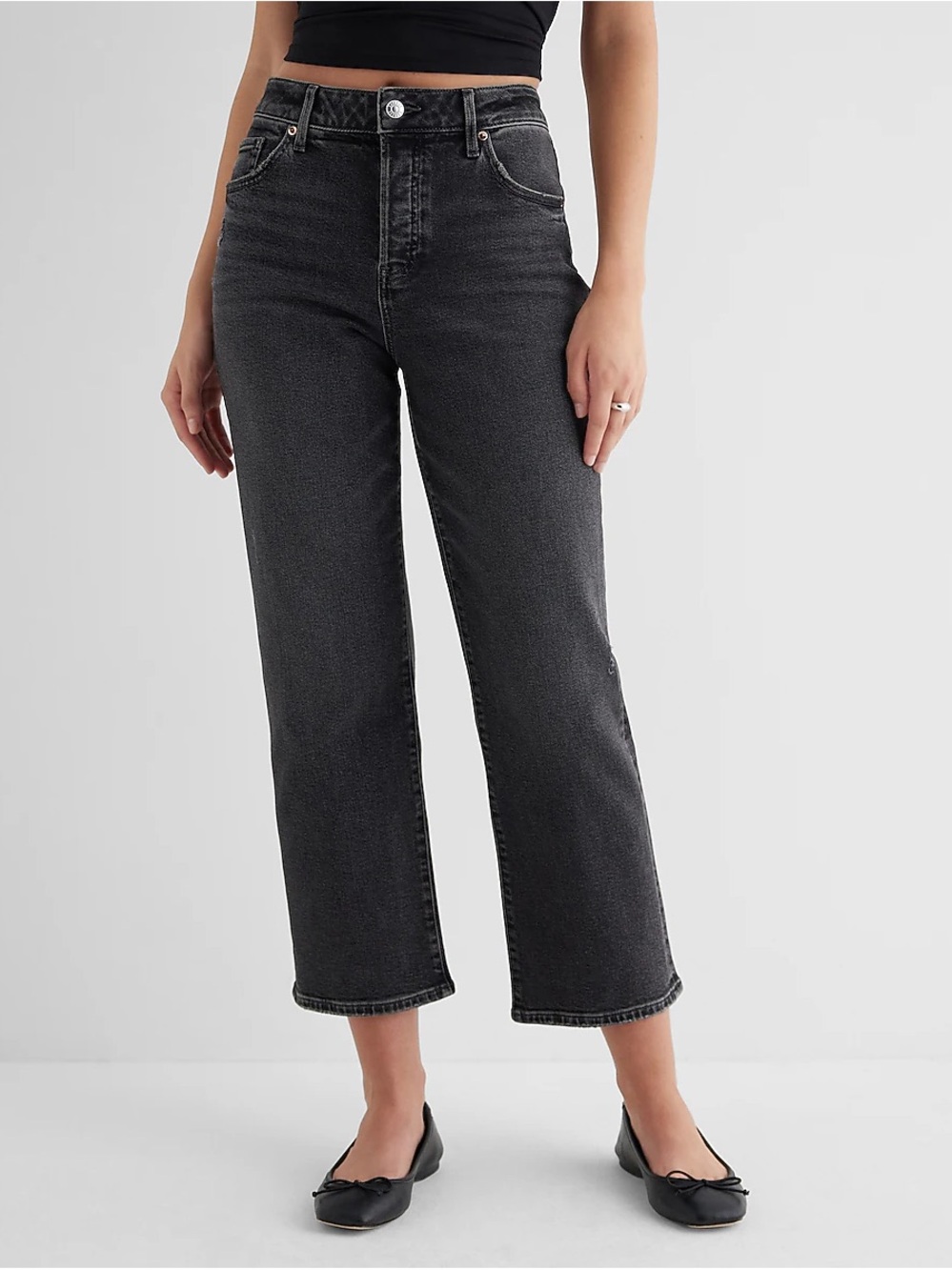 Express High Waisted Washed Black Relaxed Straight Ankle Jeans
